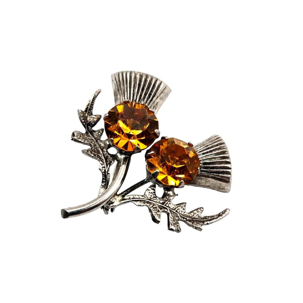Vintage Ward Bros. Scottish Thistle Sterling Brooch with Amber Crystals 1.5"